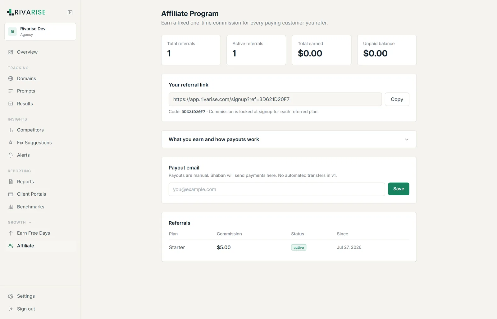 The affiliate dashboard showing referral totals, referral link and payout settings