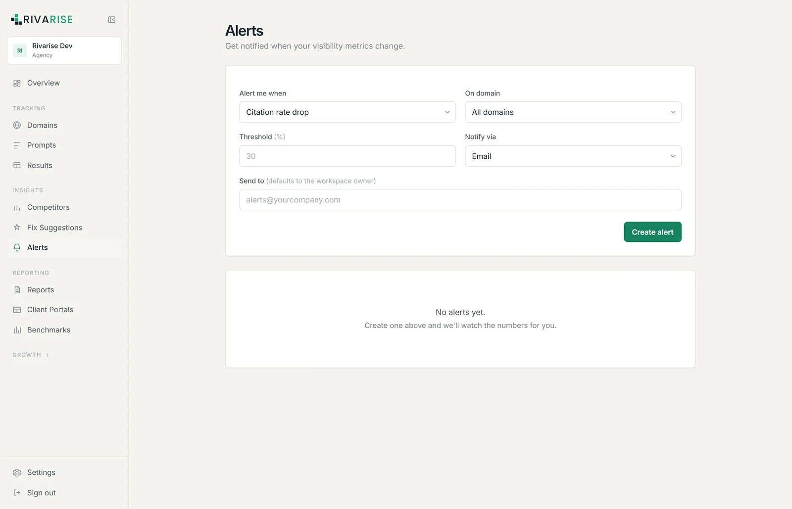 The Alerts screen showing alert type, domain, threshold and delivery channel