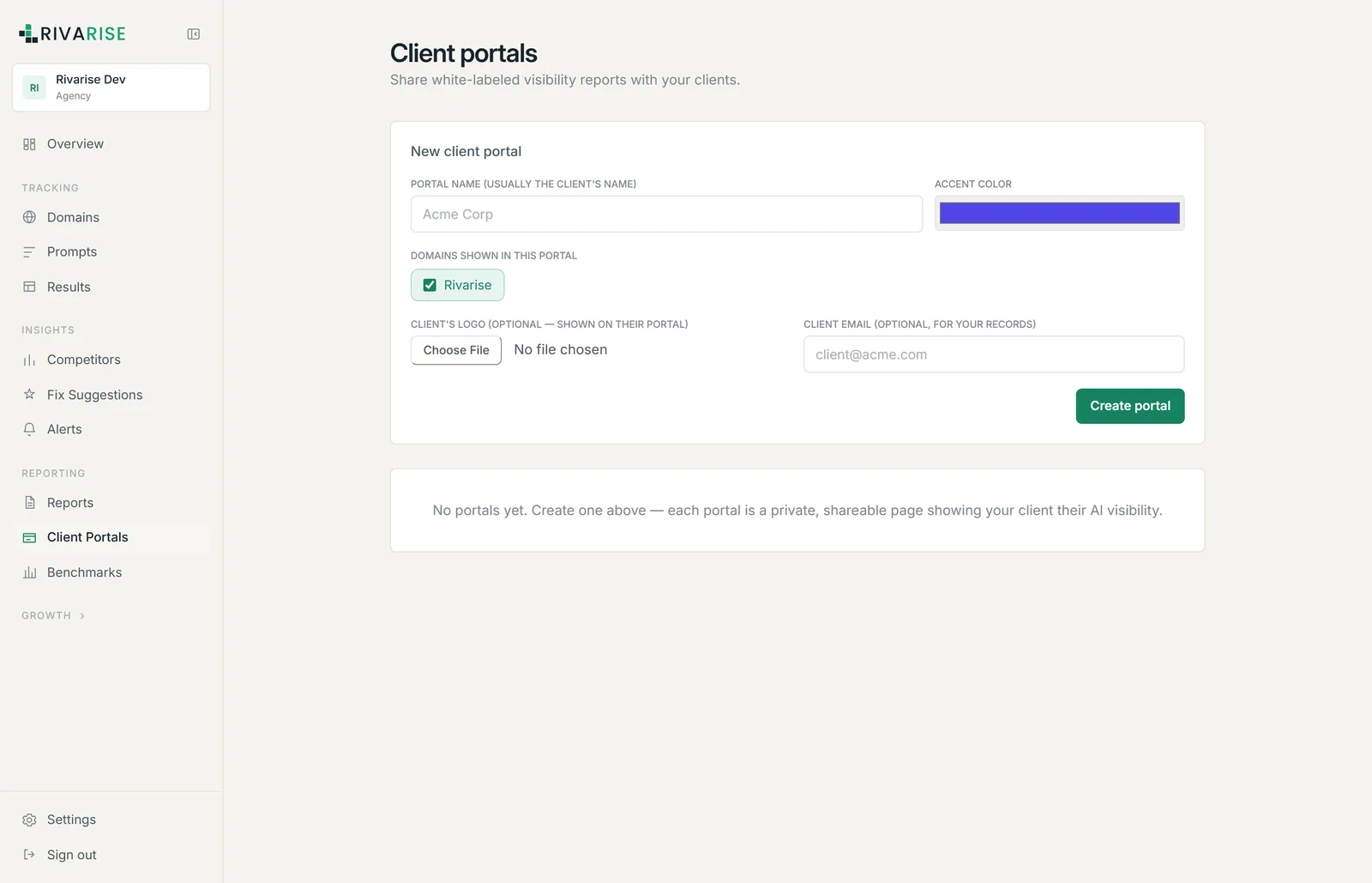 The client portal builder with name, accent colour, domains and logo fields
