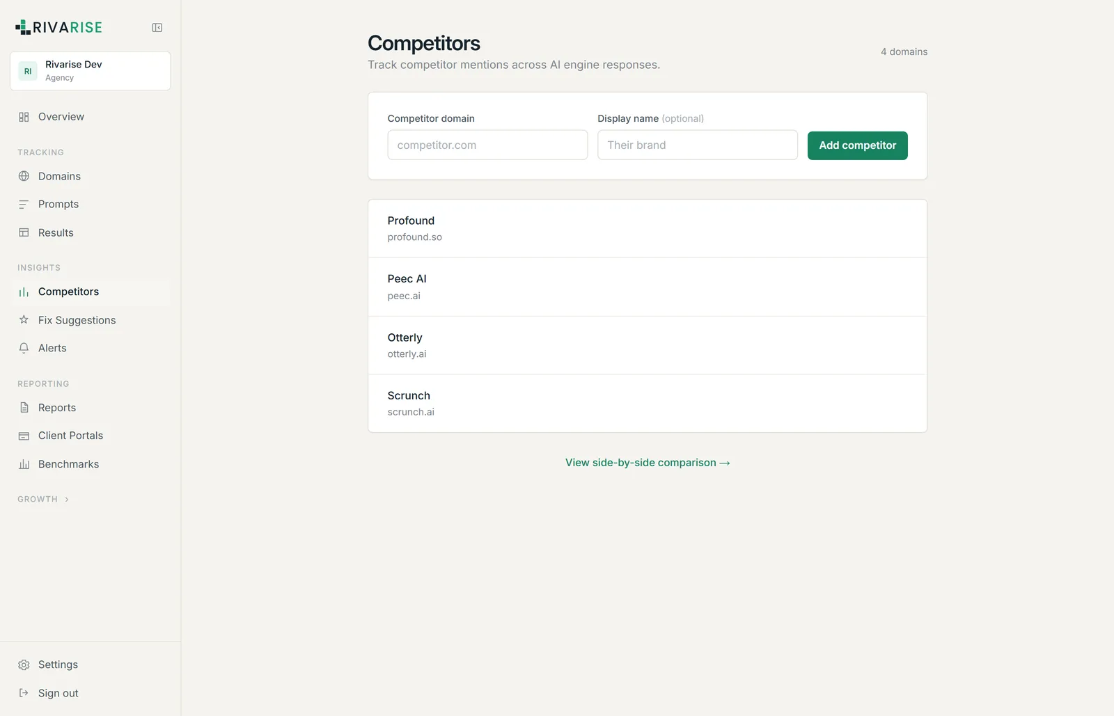 The Competitors screen listing four tracked competitor domains