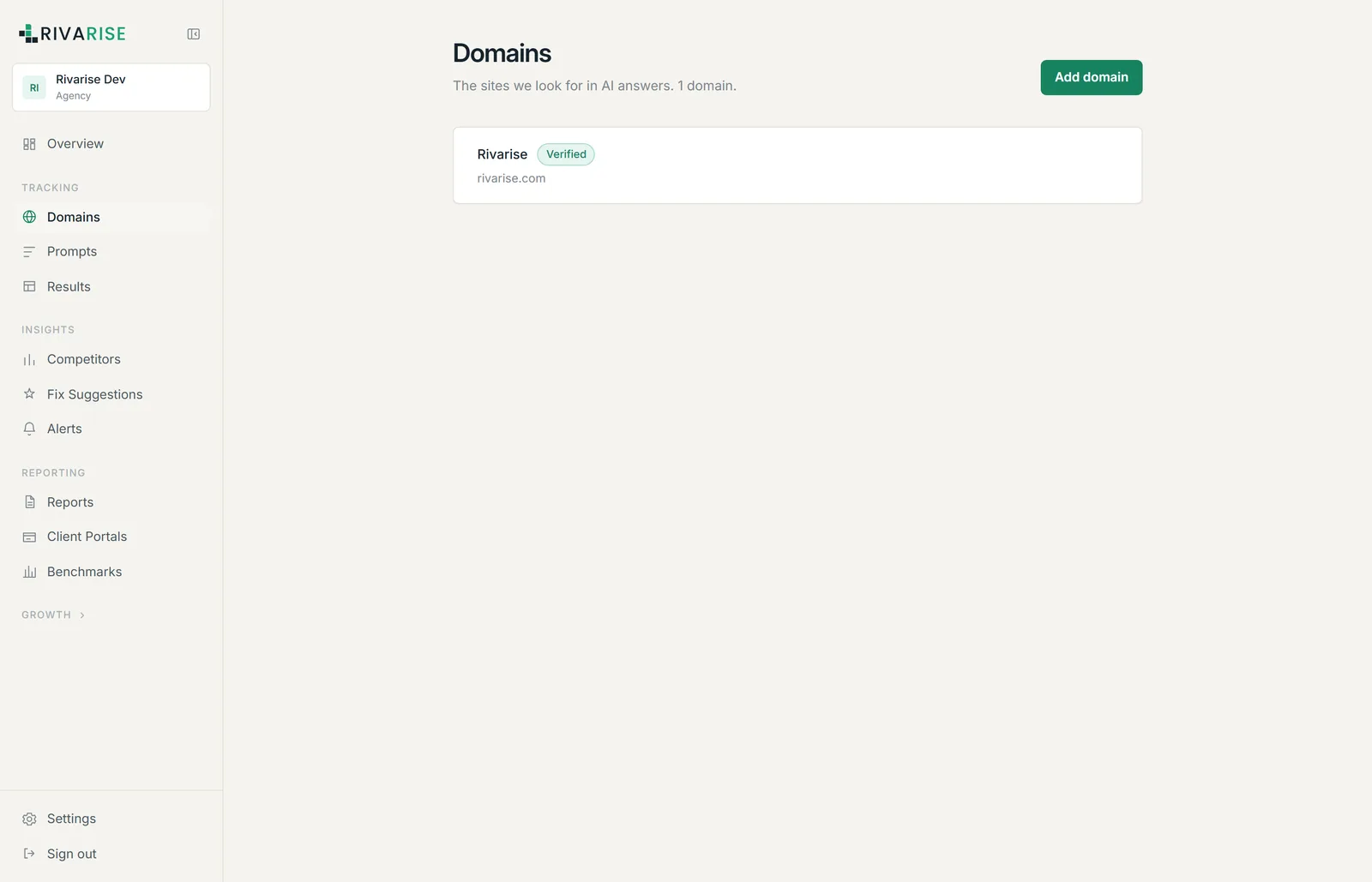 The Domains screen showing one verified domain