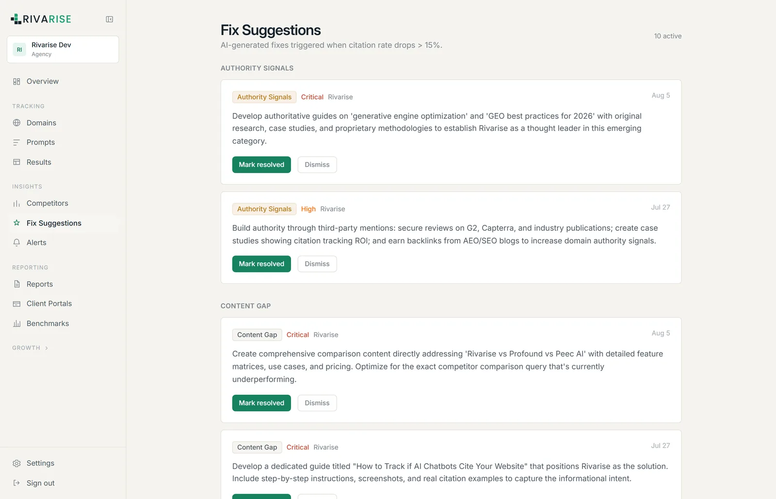 The Fix Suggestions screen grouped by category with severity labels