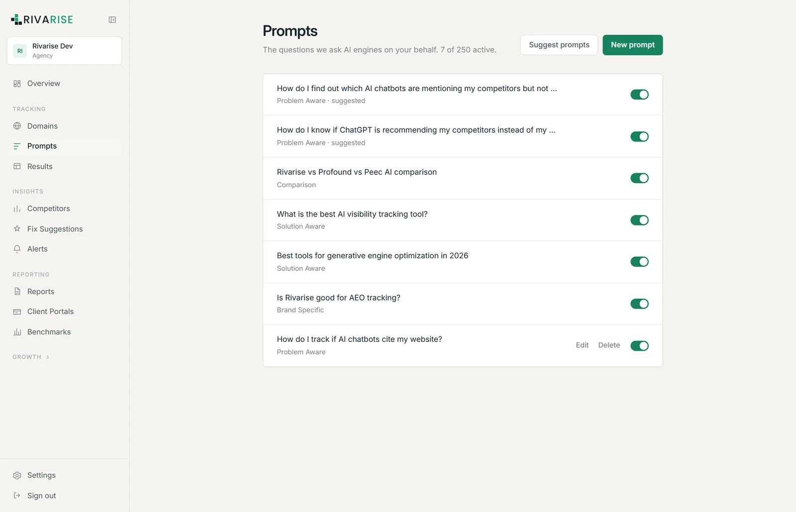 The Prompts screen listing prompts with intent labels