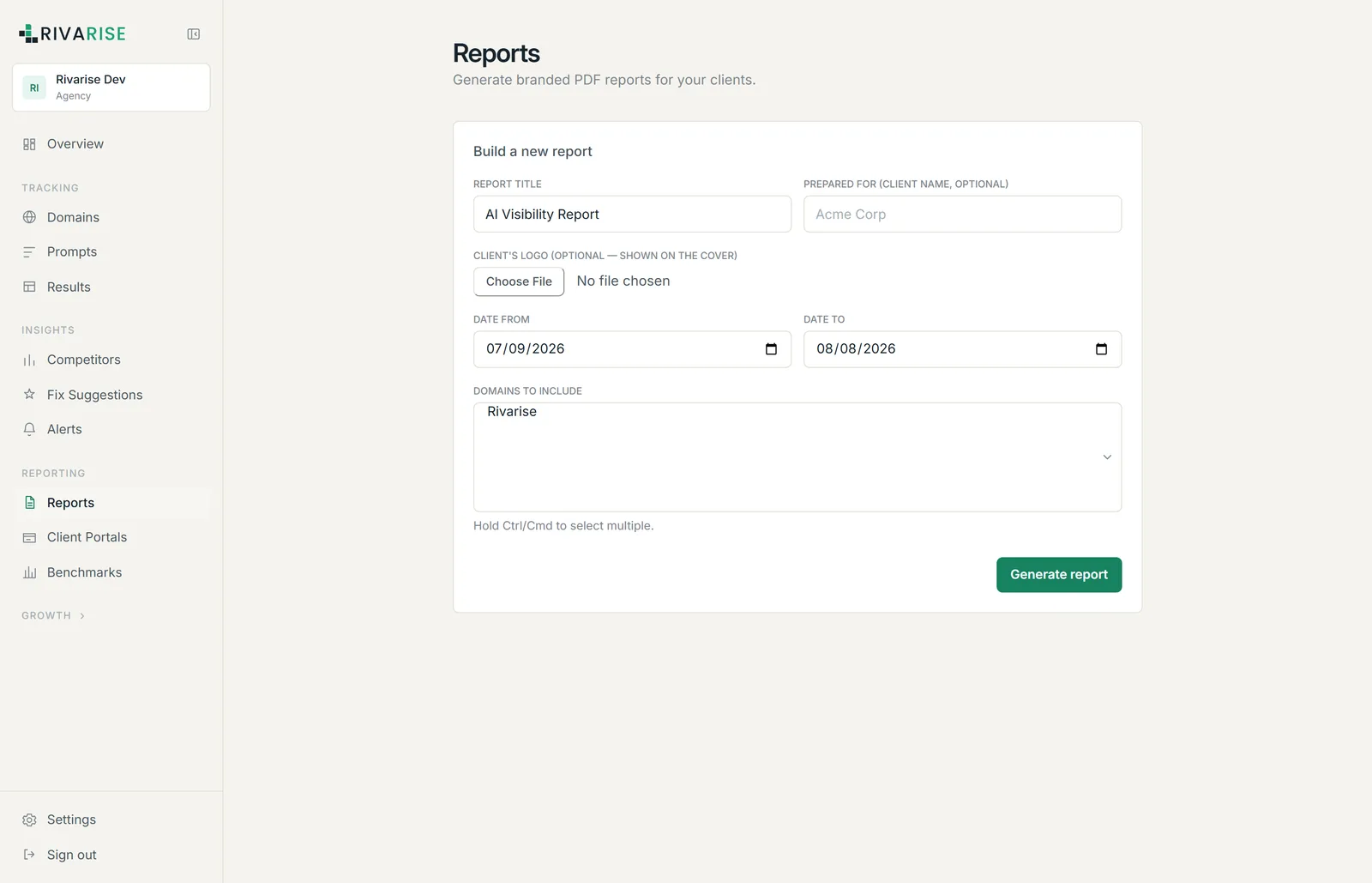 The report builder with title, client name, logo, date range and domain selection