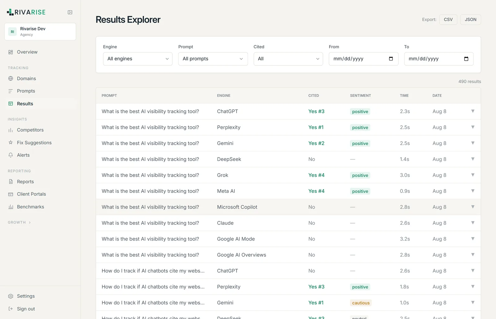 The Results screen showing tracking results with filters
