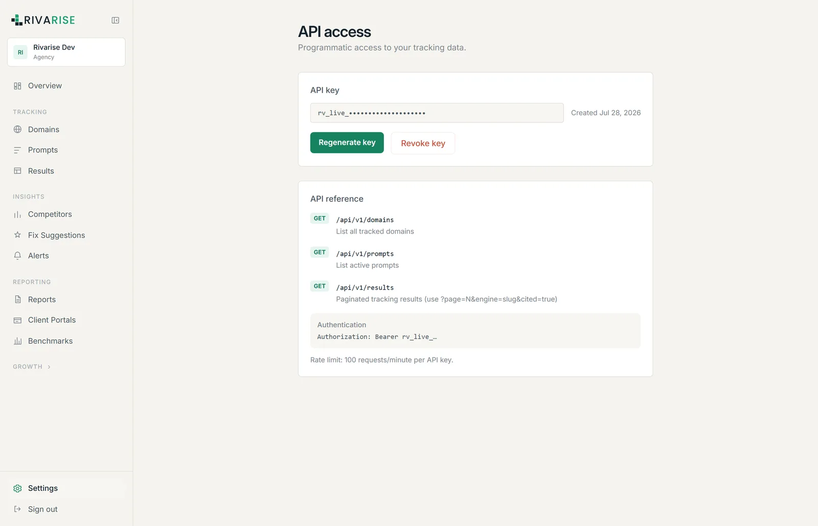 The API access screen showing a masked key and the endpoint reference