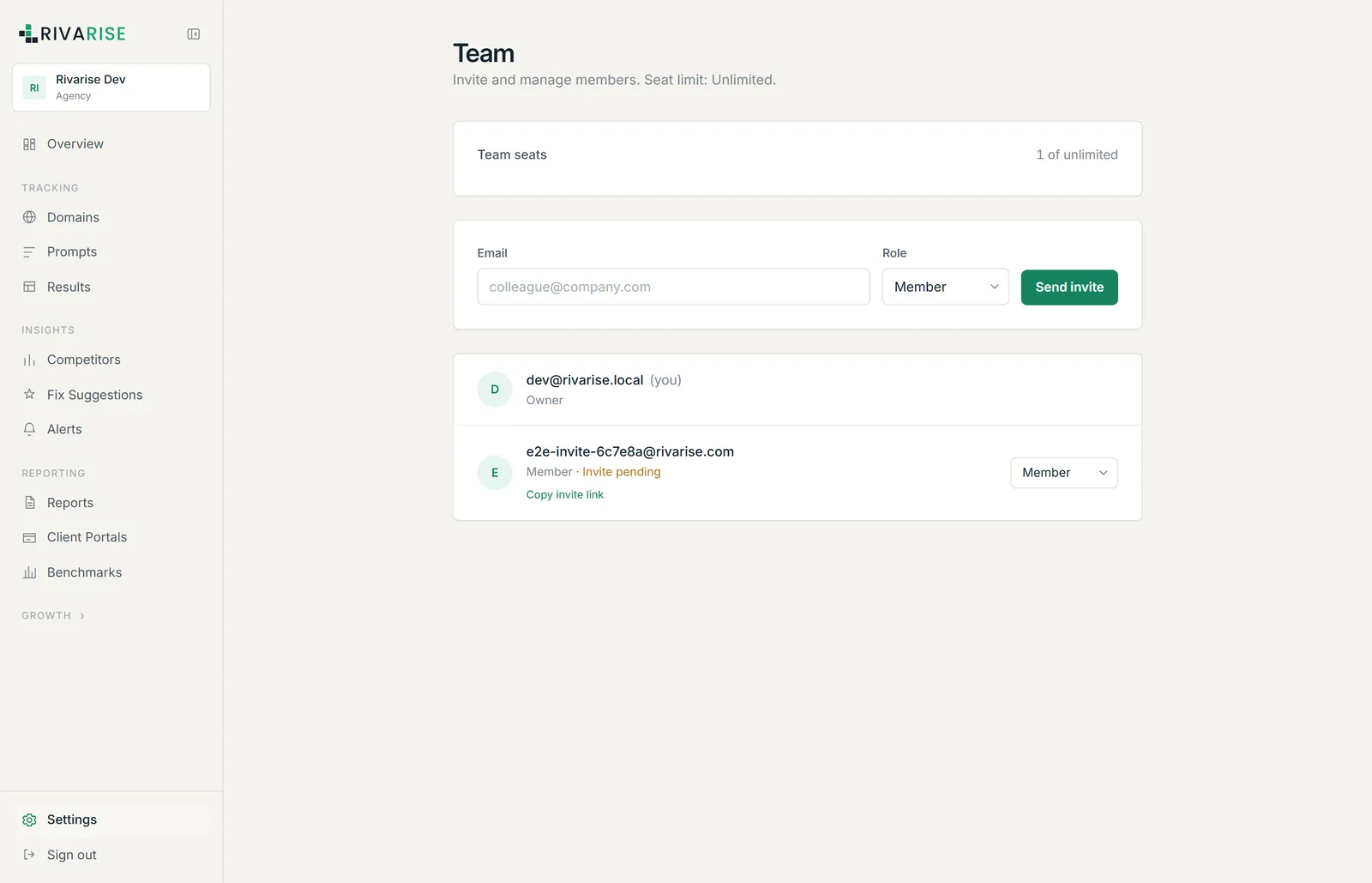 The team screen showing members, roles and a pending invitation