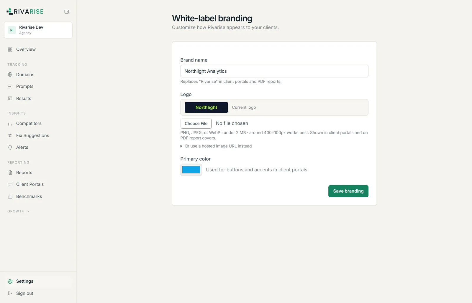 The white-label settings screen with brand name, logo and primary colour
