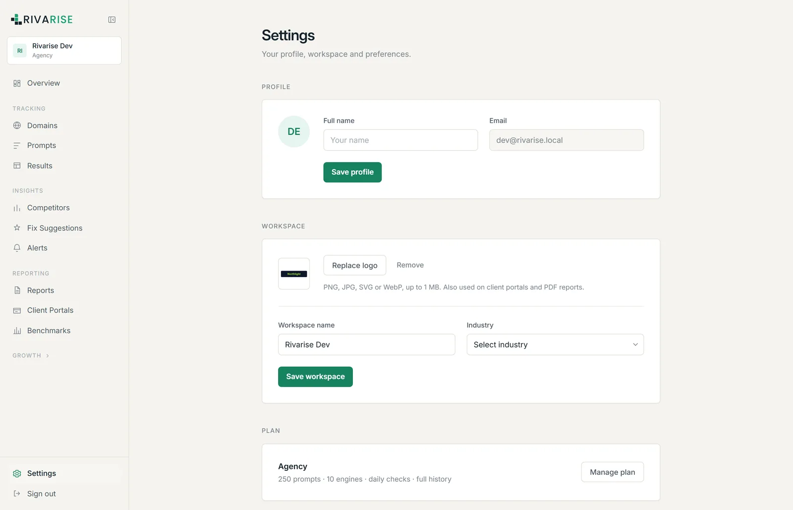 The settings screen showing profile, workspace, plan, appearance and SSO sections